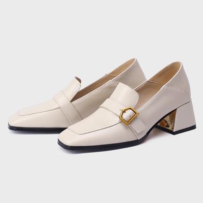 Sapatos de Salto Médio em Couro Genuíno Sapatos Femininos Moda Preto Bege Mocassins de Salto Tamanho Grande Sapatos de Primavera para Escritório Festa Feminino