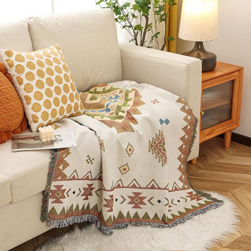 Reversible Blanket, Geometric Pattern, Beige Blanket, Sofa Throw