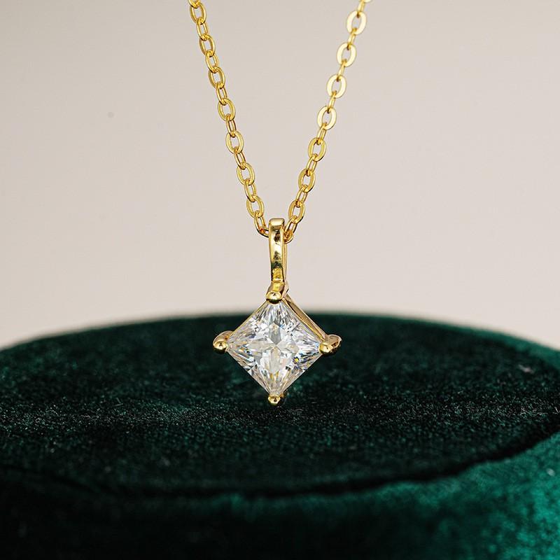 1 Carat Square Moissanite Pendant Necklace Women Sterling Geometric Locket Chain Minimalist INS Style