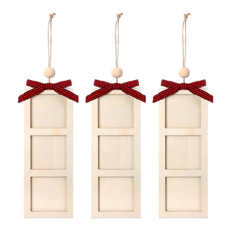 Wooden Picture Frames Christmas Tree Hanging Ornaments 6Pcs Memory Plaids Photo Strips with Bowknot For Festives Space
