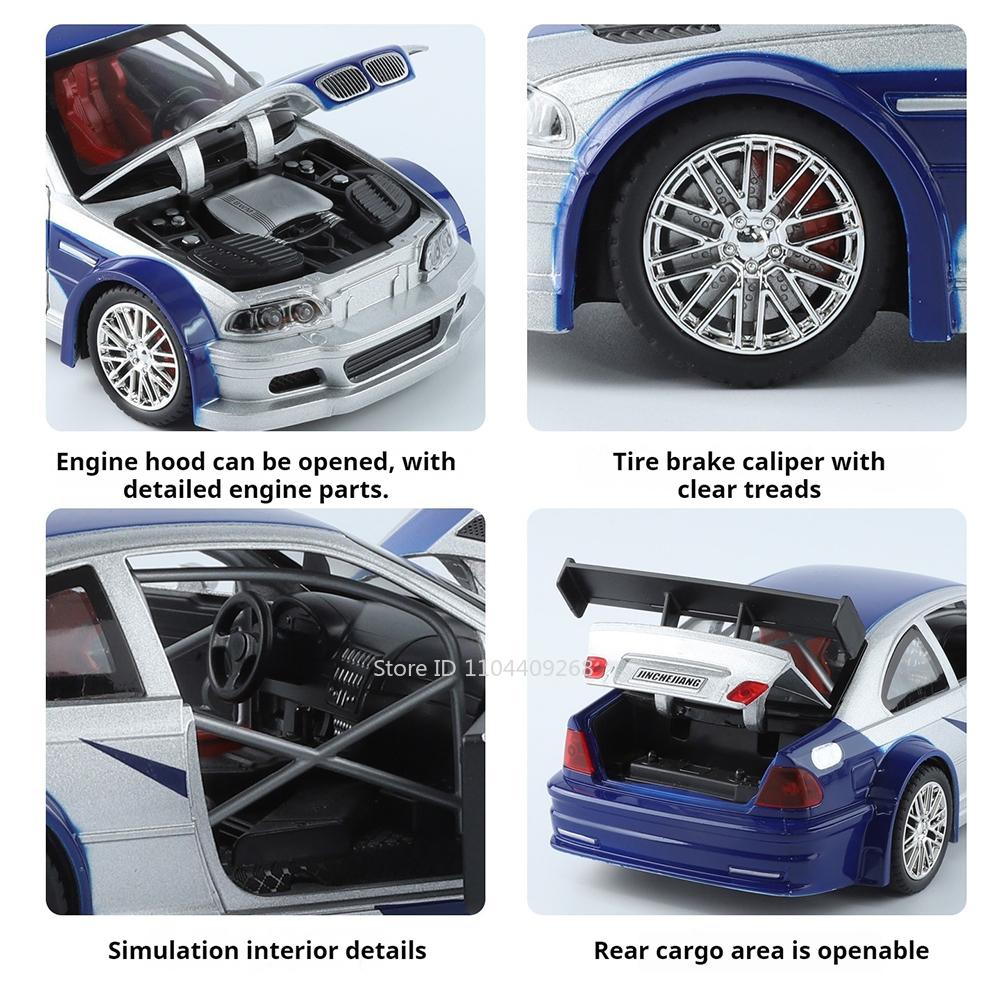1:24 M3 GTR E46 Racing Car Model Toy Alloy Body Rubber Tires Music Light Sports Cars Doors Opened Models Toys Collectible Item