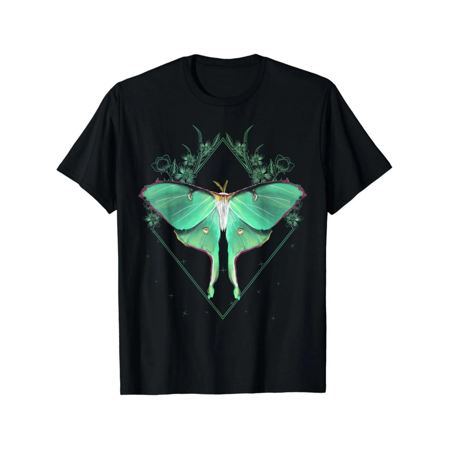 Women s Summer T-Shirt Casual Crew Neck Top Spring Y2k Luna Moth Graphic Print Tee S чёрный