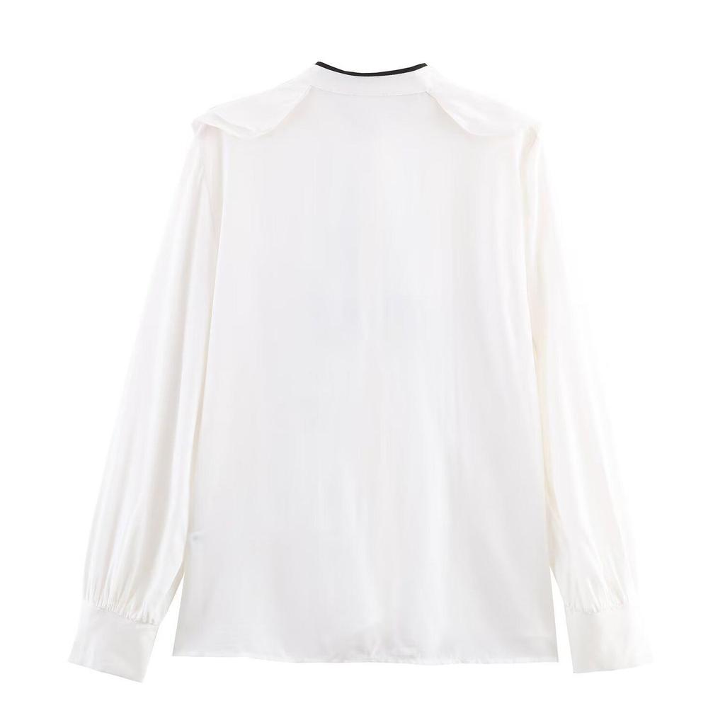 European & American Style Color Block Bow Long Sleeve Shirt