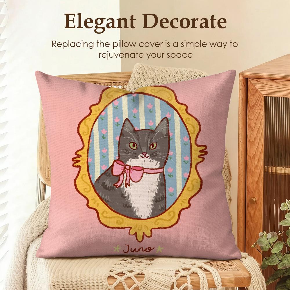 Cute Caroon Cat Portrait Cushion Cover Natural Linen Organic Fabric DoubleSided Printing Sofa Home Decor Gift Pillow Case