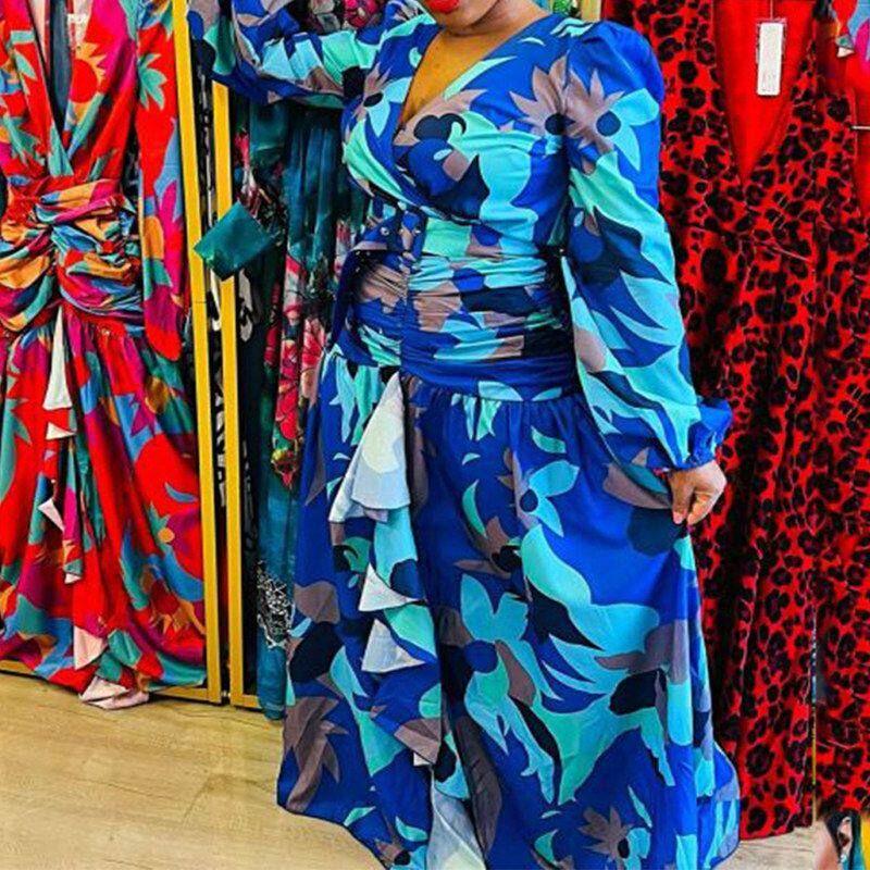 2025 Cross-Border Spring New European and American Women's Fashion Retro Print Deep V-Neck Slit Slim Long Dress Gown for Women