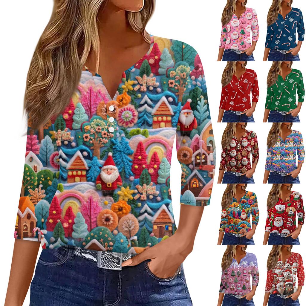 Women's Fashionable Casual Christmas Printed V-neck Three-quarter Sleeve Decorated Button Top