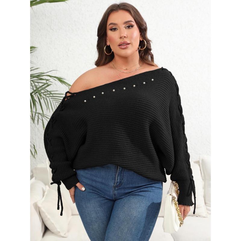 Women's Autumn and Winter Large Size Tie Bat Sleeve Sexy Strapless One Neck Studded Sweater