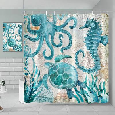 Nautical Green Sea Turtle Beach Theme Fabric Shower Curtain Set Bathroom Blue Ocean Decor with Grommets and Hooks