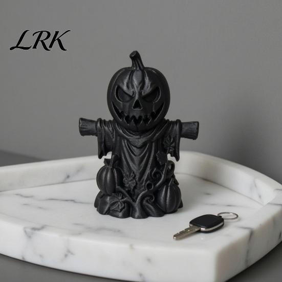 Solid PLA Sculpture 3D Printed Pumpkin Scarecrow Figurine, Matte Black Halloween Tabletop Decorative for Shelves Decor Shelf Window Office,