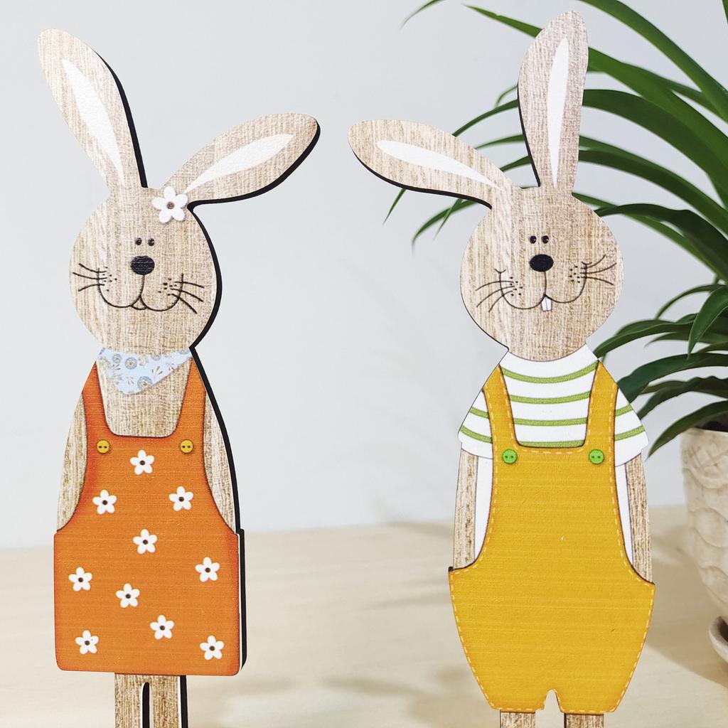 2Pcs Easter Wooden Rabbit Ornaments Cute Cartoon Stand Bunny Desk Decoration Figurines Nordic Style Easter Party Decoration