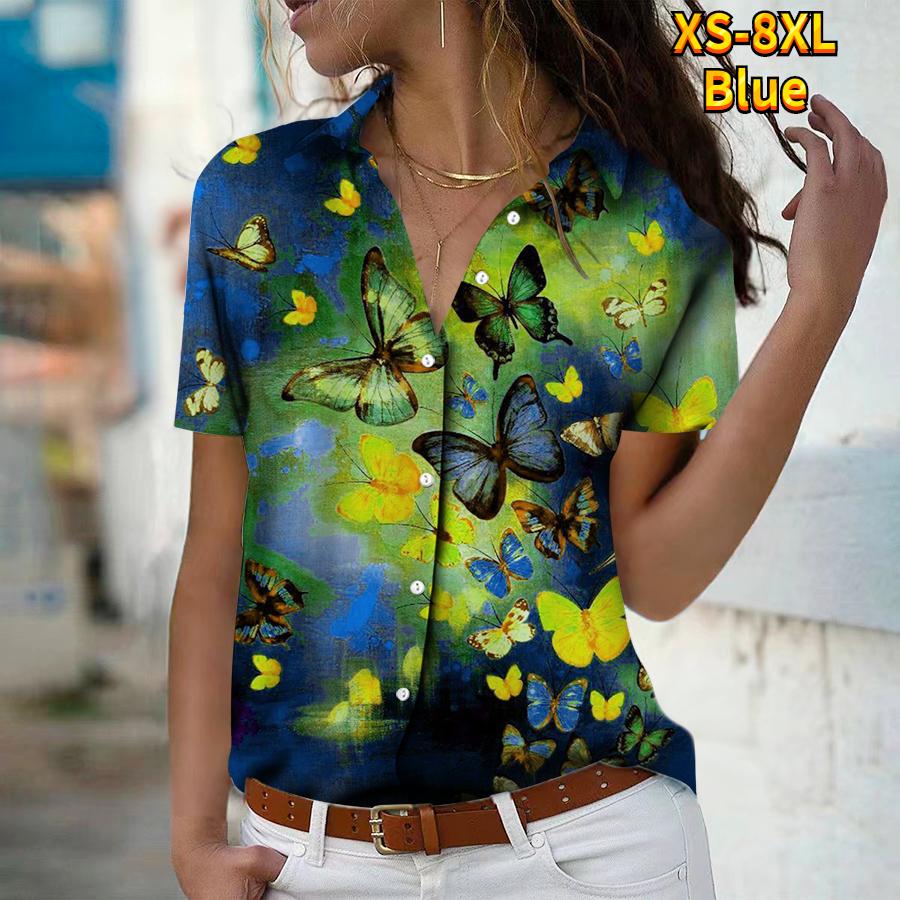 

2025 Summer New Fashion Women s Butterfly Printed Short Sleeve V-neck Casual Button-down Shirt Top XS синій