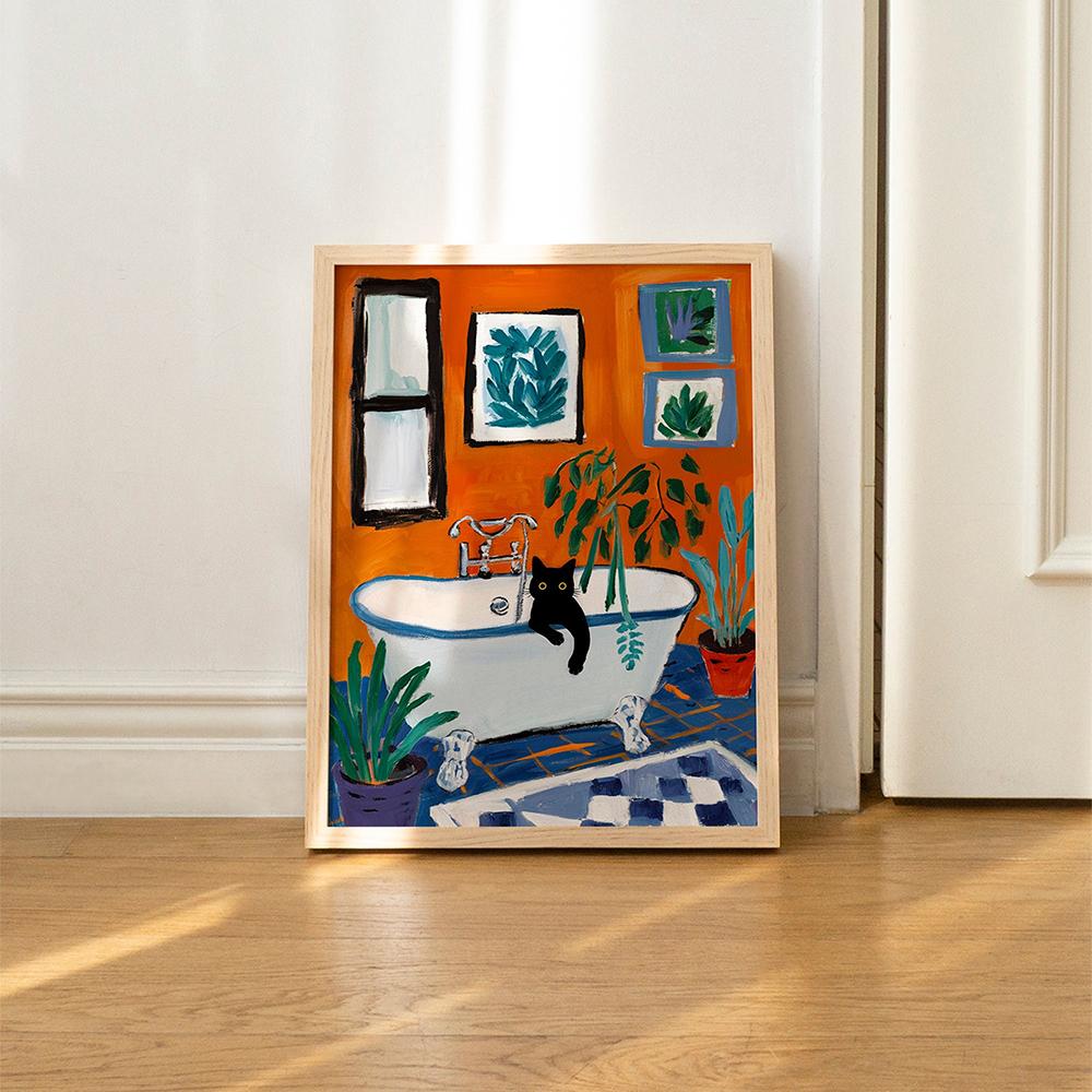 Bath Cat Print Matisse Funny Poster Pooping Pictures Orange Toilet Wall Decor Toilet Bathroom Bathtube Canvas Painting Decor