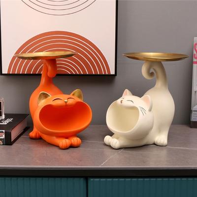 Harz Cartoon Katze Skulptur mit Metalltablett Tierfigur Aufbewahrungstablett Schlüsselablage Aufbewahrung Kleinteile für Heimdeko Geschenk