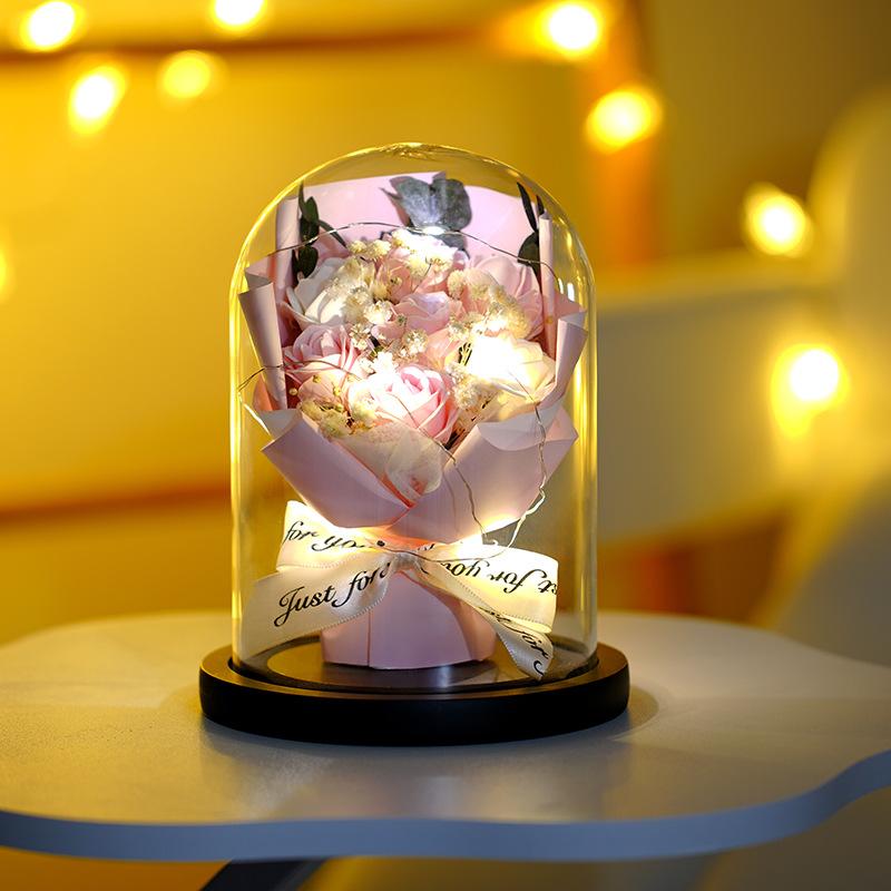 Glass Cover Rose Lantern Qixi Festival Valentine's Day Gift Immortal Bouquet Gypsy Dried Flowers Carnations Teachers' Day