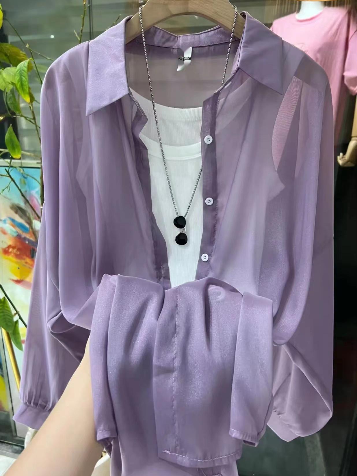 

Жіноча сорочка з довгим рукавом з шифону із захистом від УФ-променів - корейський стиль, вільний крій, середньої довжини, весна/літо M