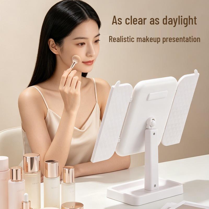 LED-Lit, Double-Sided, Triple-Fold Makeup Mirror with Rotating Desktop Stand and Three-Color Dimming for Girls