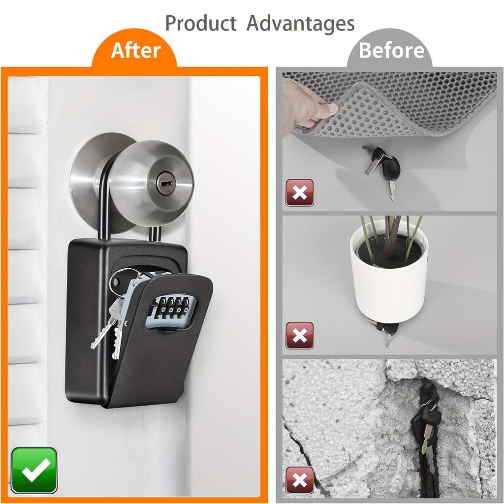 4 Digit Code Key Box Free Installation Outdoor Password Key Box Extended Locking Hook Steel Wire Hanging Key Storage Waterproof