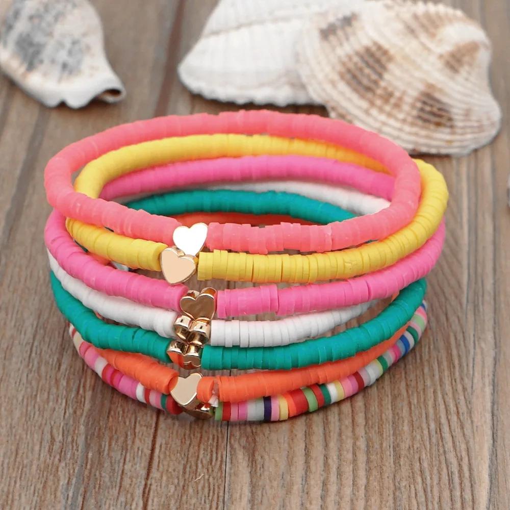 Bohemian Rainbow Stackable Bracelets Set For Women Heart Charm Soft Clay Pottery Layering Beads Chain Bangle Female Boho Jewelry