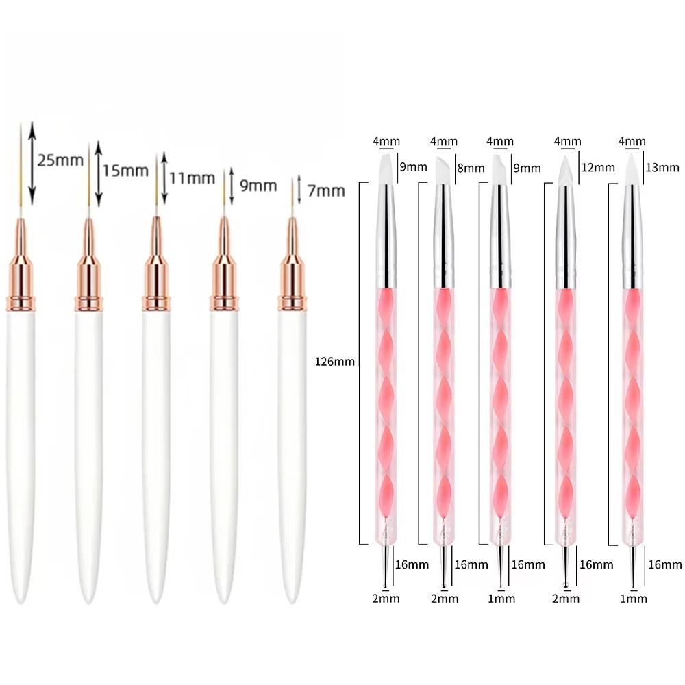 10Pcs Nail Liner Brush Set UV Gel Nail Brushes Kits Silicone Point Flower Nail Pen French Stripe Line Painting Drawing Tools