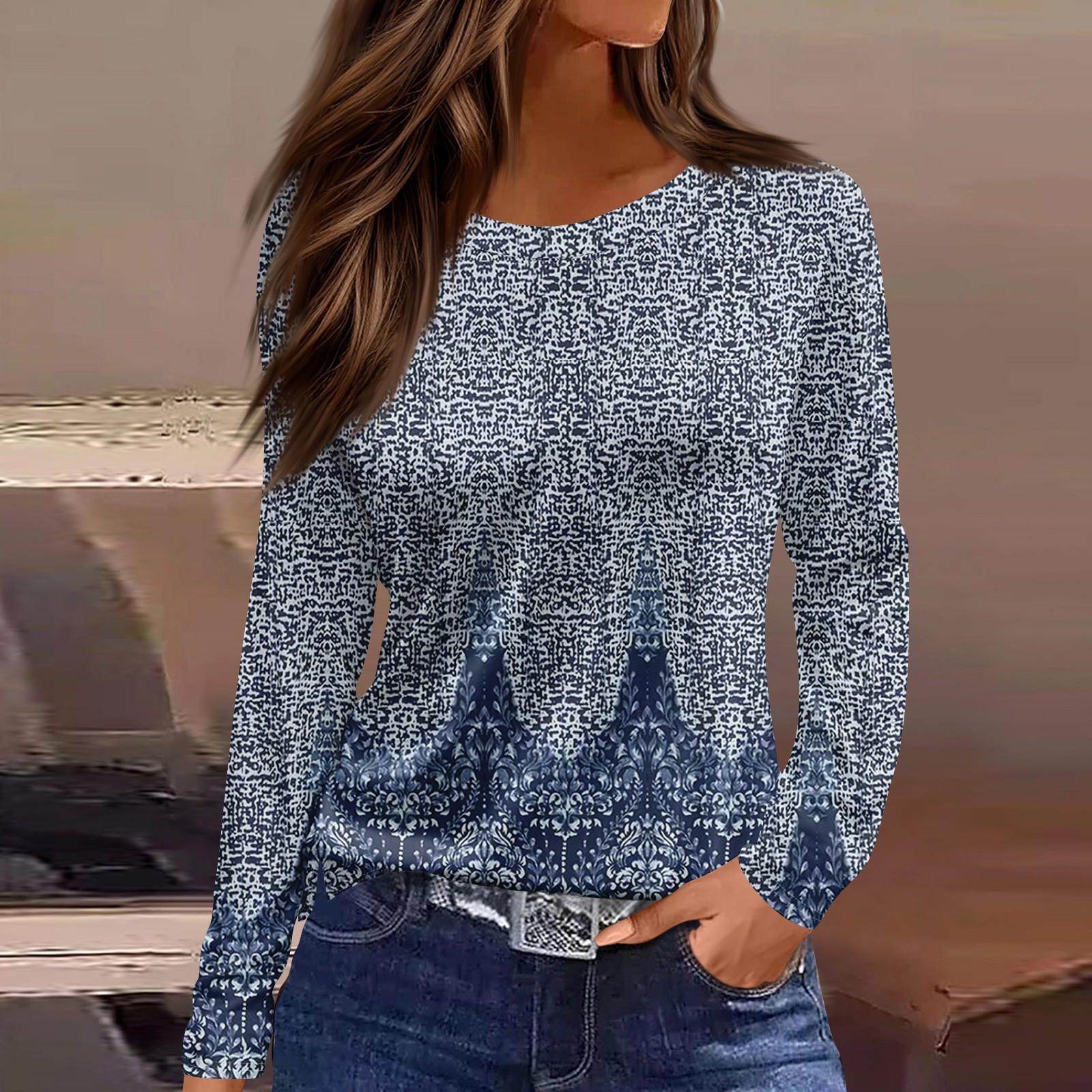 

Жіноча модна повсякденна футболка з розрізом і круглим вирізом з довгим рукавом і принтом. XXL