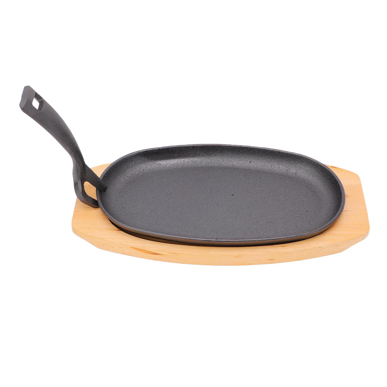 Oval Cast Iron Fajita Skillet Pan Set Small Sizzling Steak Plate with Wooden Base and Handle Sizzling Plate for L