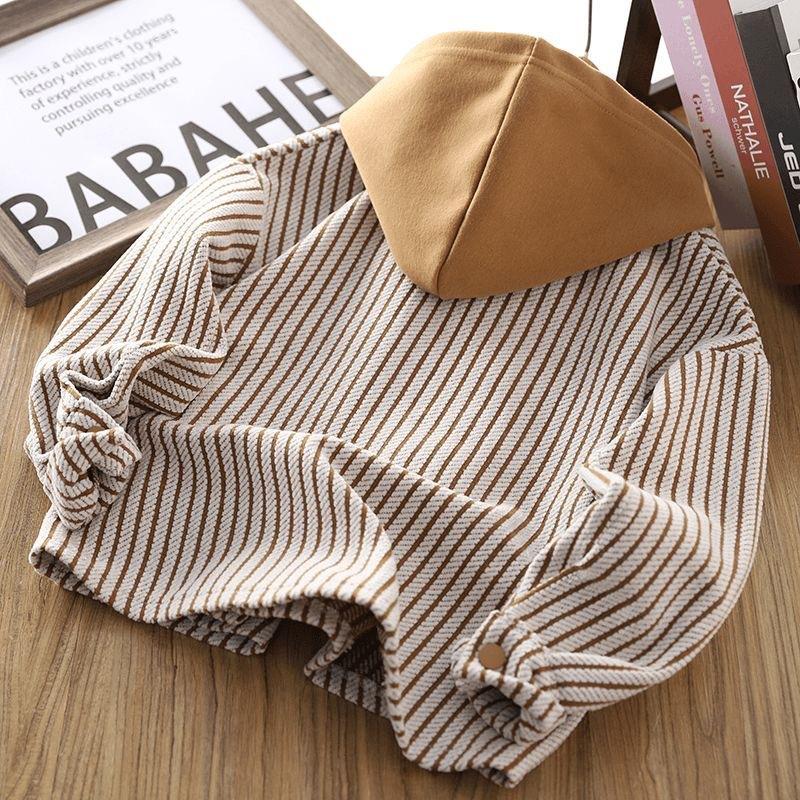 Boys Striped Hooded Shirt Jacket Spring Autumn Fashionable Long Sleeve Top