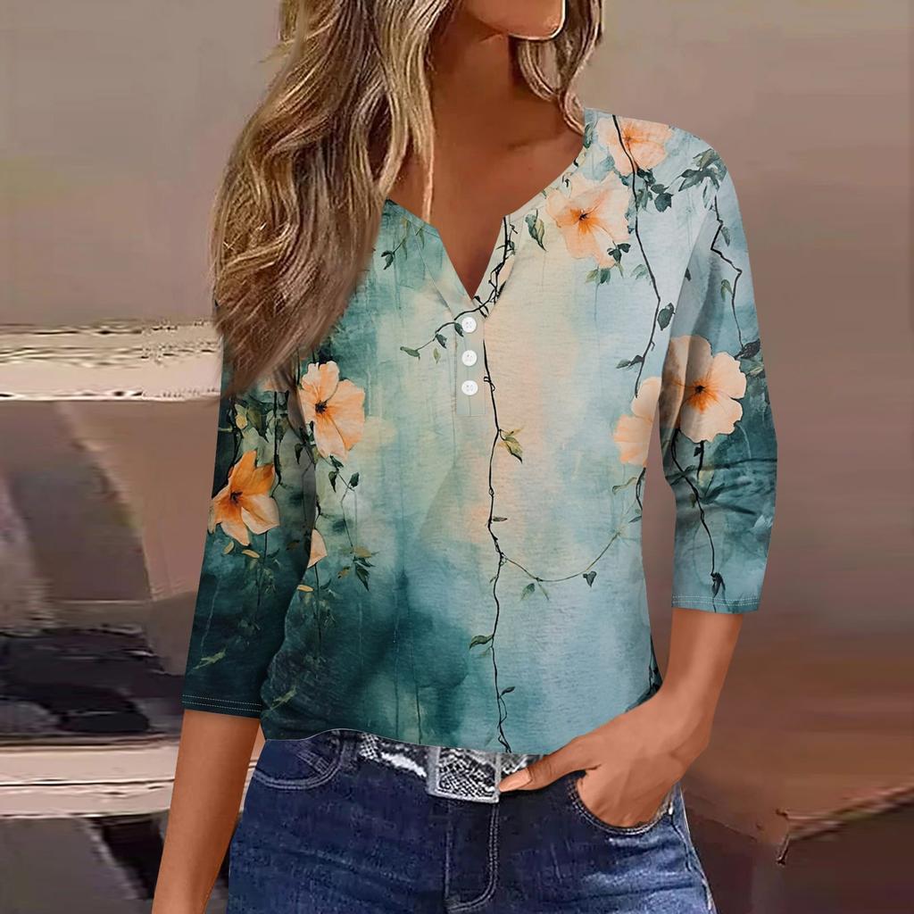 Women's Neck Vintage Floral Print Ribbed Short Sleeve T-Shirt Top