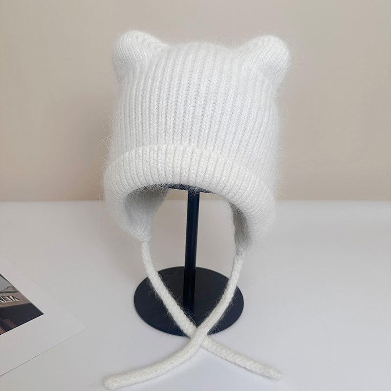 Cute Ears Autumn and Winter Wool Rabbit Hair Straps Candy-colored Wool Hat Bag Head Ear Protection Knitting with Student Warm Girl