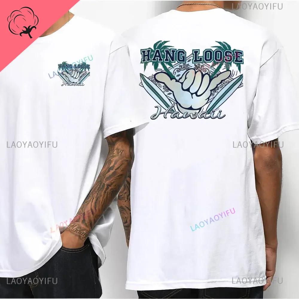 Hawaiian Style Mens Casual Tshirt Island Hanging Pine Shaka Surfboard Mens and Womens White Cotton Tee Retro Beach Surf Tops