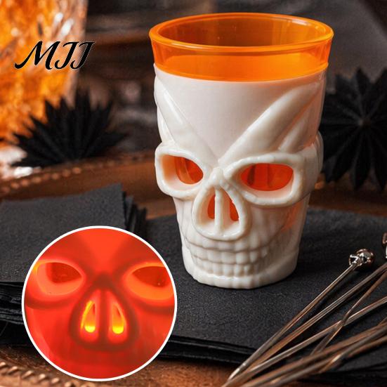 Spooky Bar Atmosphere Decoration Halloween Glowing Skull Goblet, LED Light Up Candle Holder for Dark Decor Party, Table, Haunted House Prop