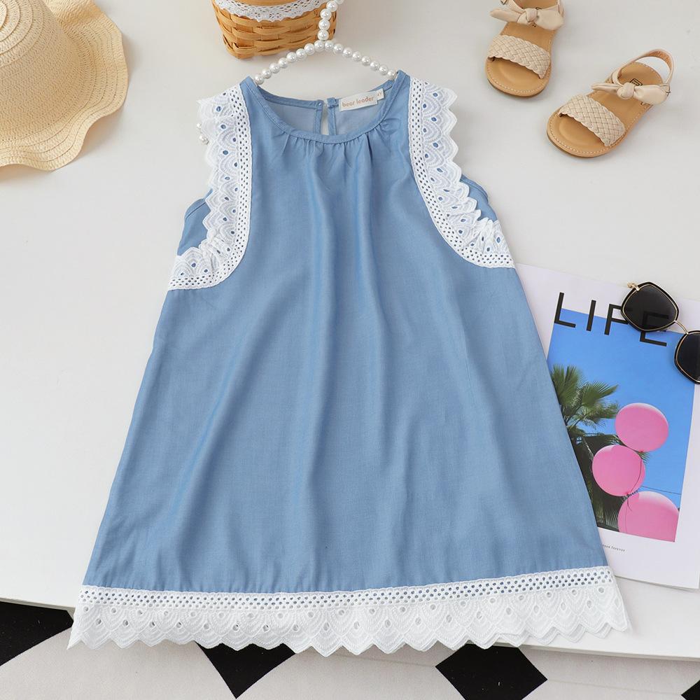 Summer Round Neck Lace Trim Sleeveless Loose Dress For Women Elegant Casual Midi Sundress 100cm