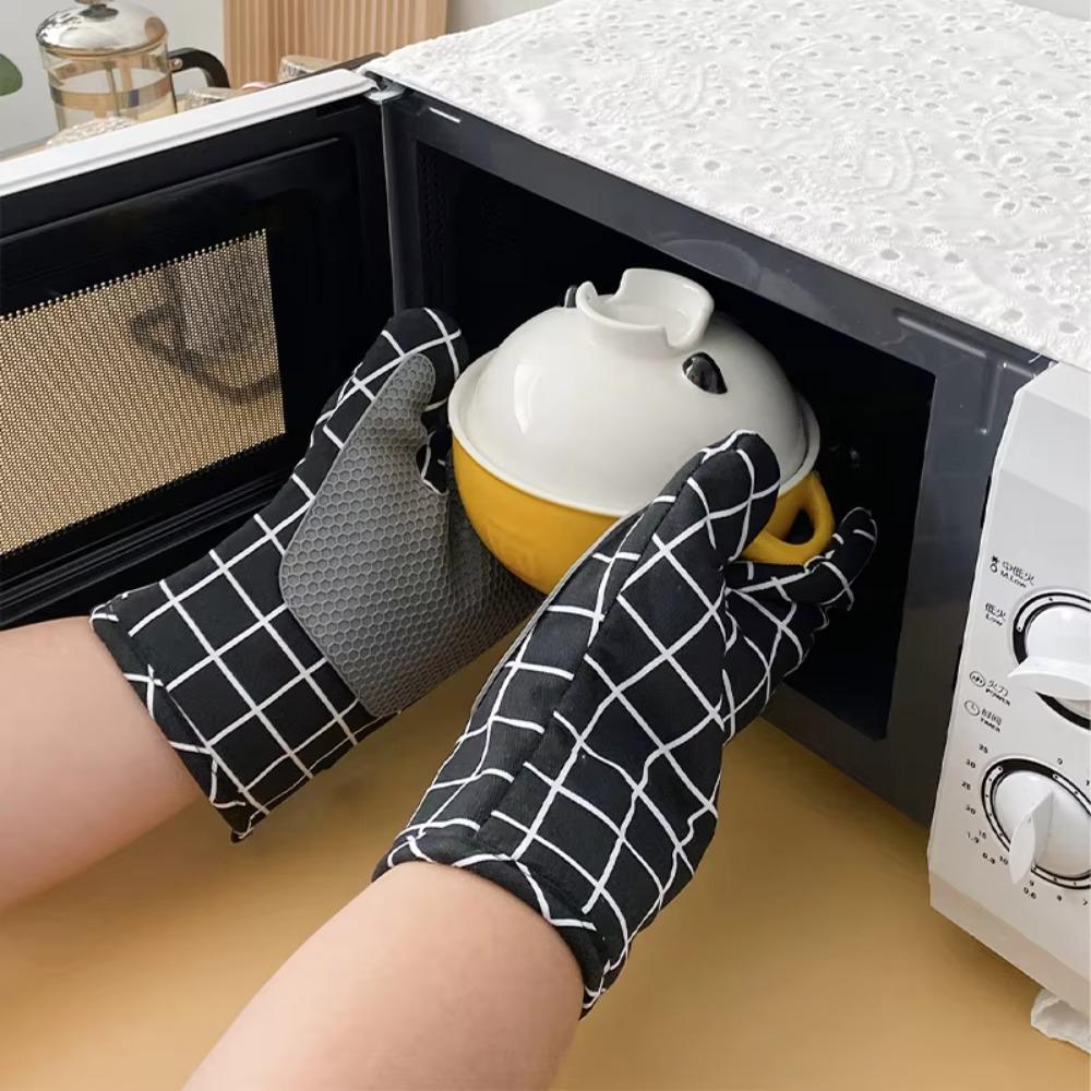 1 Pair Non-slip Kitchen Microwave Gloves Cotton Lining Heat Insulated Gloves Oven Gloves Pot Lid