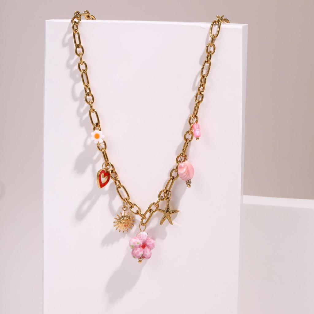 Starfish Flower Pendant Necklace with Pearl Shell on Stainless Steel Clavicle Chain