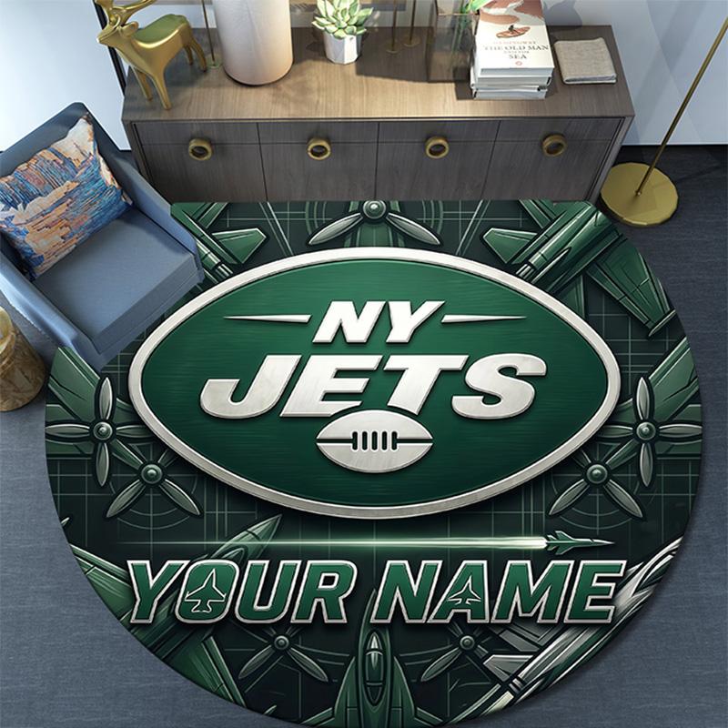 Custom Name New York Jets Round Area Rug,Carpet Rug for Living Room Bedroom Sofa Playroom Decor,Non-slip Floor Mat