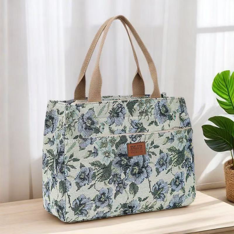 Sac à déjeuner portable style peinture à l'huile florale grande capacité sac à main littéraire sac pour sortir sac de maman