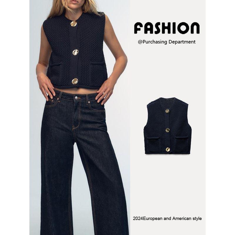 Za2024 Autumn New Women's Clothing Single-Breasted Round Neck Sleeveless Thick Needle Knitting Vest Jacket 5802112 401
