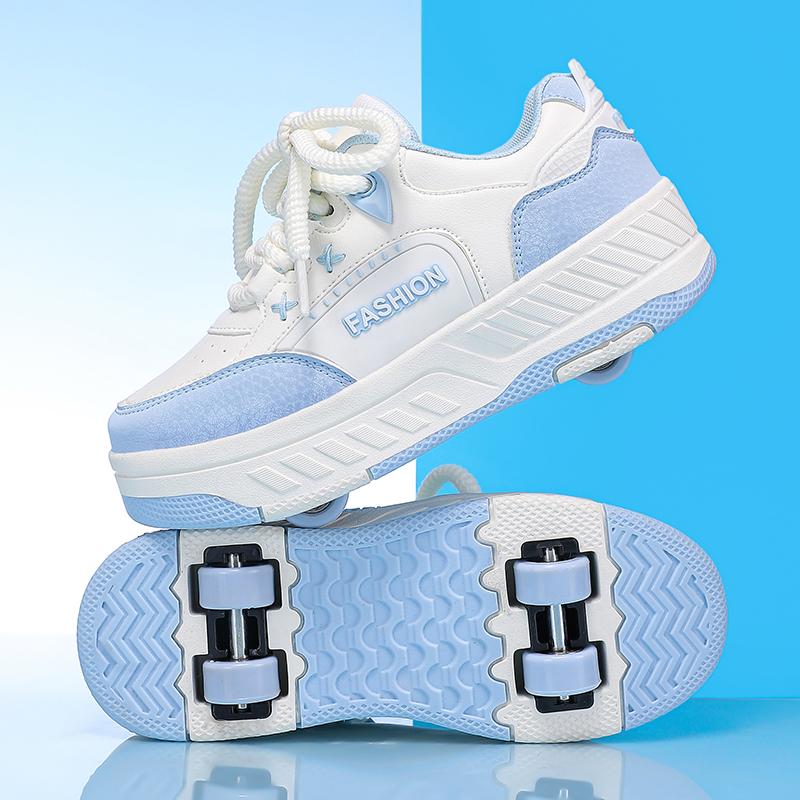 Boy's Rotating Button Four Wheel Skate Kids Shoes with Wheels Girl Skate Shoes