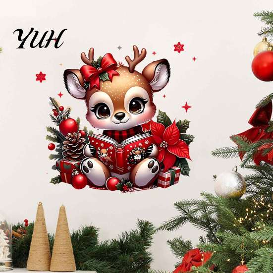 Christmas Party Decoration Supplies Deer Wall Sticker, PVC Elk Decal for Glass Windows Holiday Decorative Patterns Home Decor, Waterproof Removable