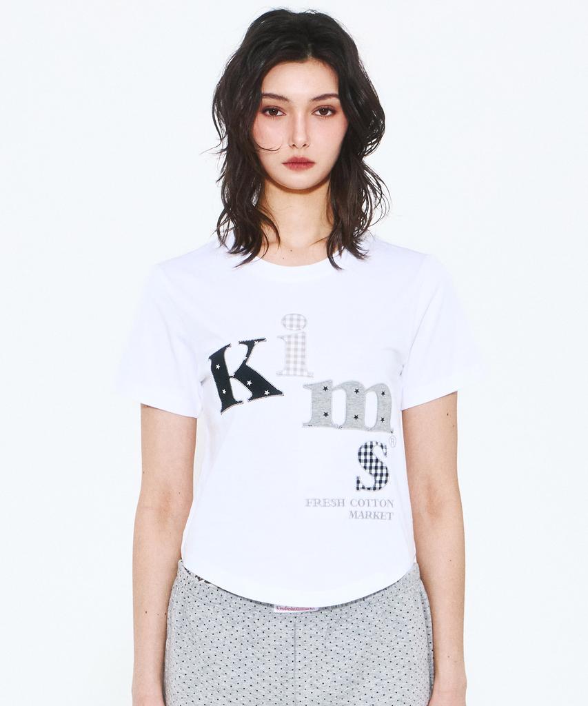 Kimseupeulesikoteunmakes Mesh Star Check Applique T-Shirt White