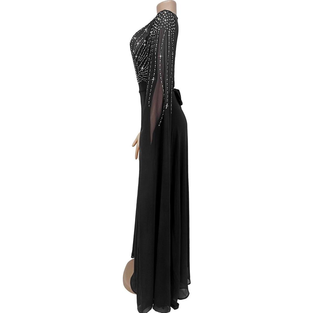 Elegant European & American Fashion Women's See-through Dress with Hot Drilling Details.