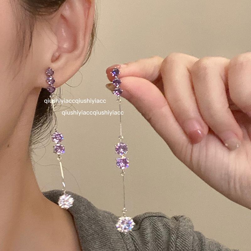 Dream atmosphere gradual change super flash purple zircon pendant long earrings new celebrity temperament earrings