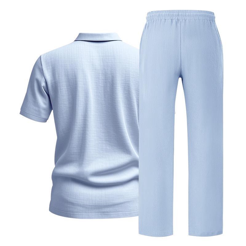 European Men's Casual Linen Short-Sleeve Shirt & Long Pants Set - Breathable Cotton Blend Two-Piece