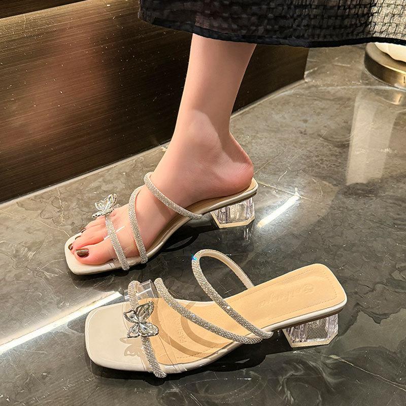 Thick-heeled slippers women's summer wear 2025 new fashion bow rhinestones with skirts women's beautiful sandals