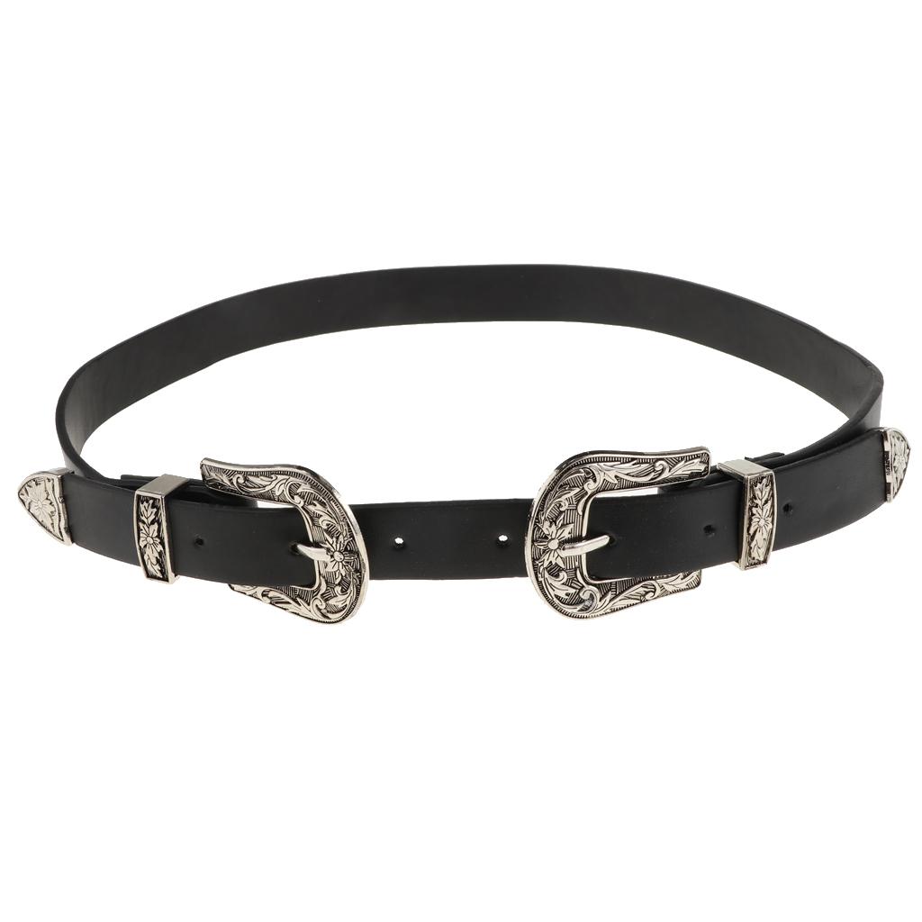 Faux Leather Belt with Double Floral Embossed Buckle Vintaje Women's Silver, As Described