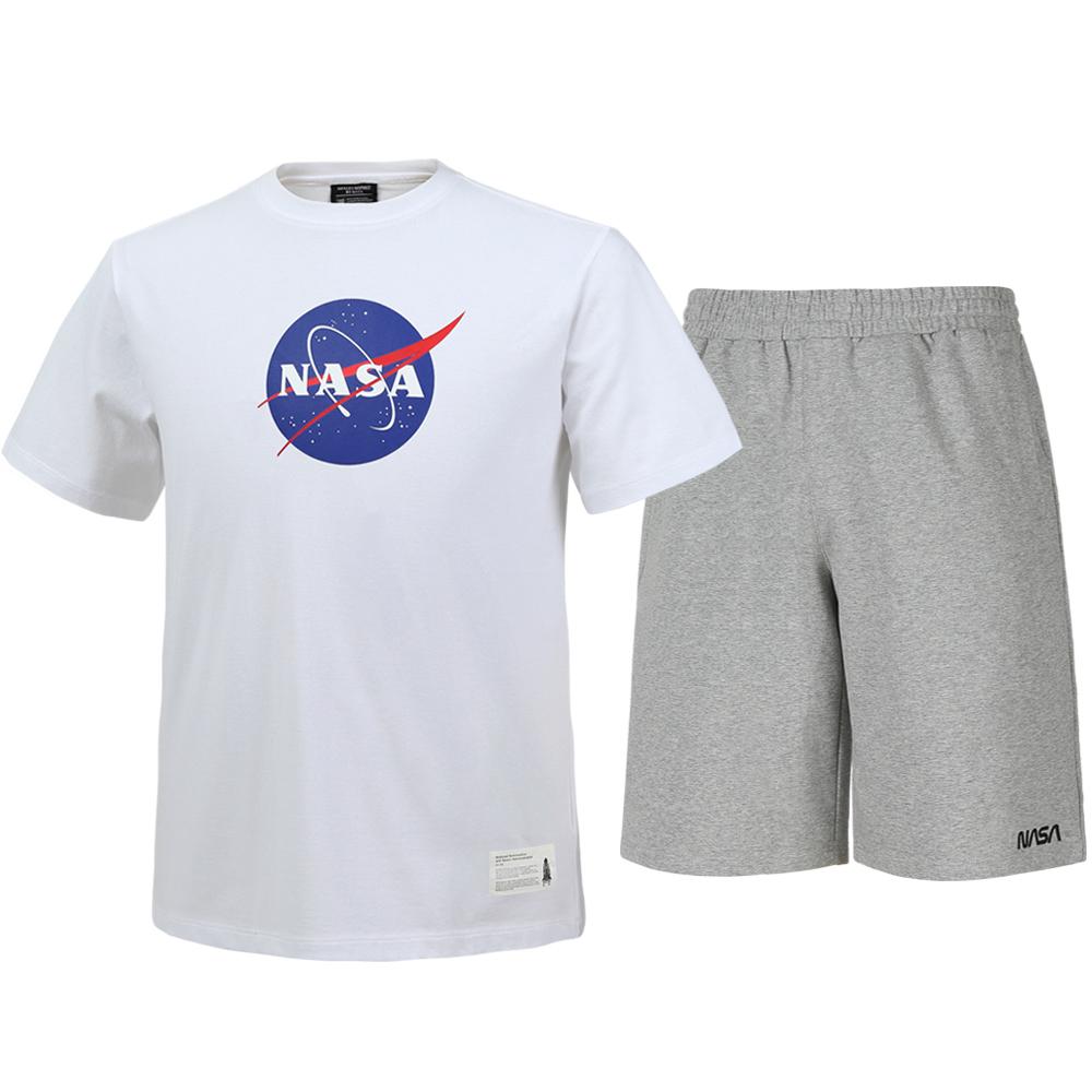 Nasa Unisex Cotton Blend Training T-Shirt + Knee-Length Cotton Shorts Set [White + Light Melange] 100