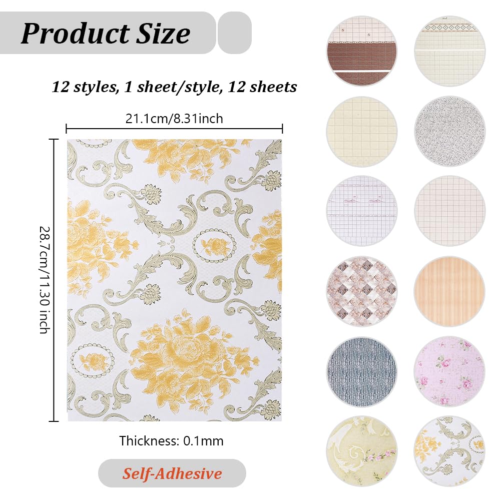 OLYCRAFT 12 Sheets, 12 Colors Dollhouse Wallpaper, Wall Stickers, Light Colors, Paper, Self-Adhesive, DIY Dollhouse Decoration, Craft, Home Decor,