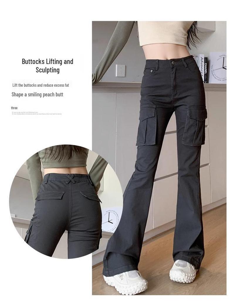 Women's Gray Micro-Flare High-Waisted Cargo Pants, 2025 Spring/Summer Collection - Slimming Multi-Pocket, Floor-Length