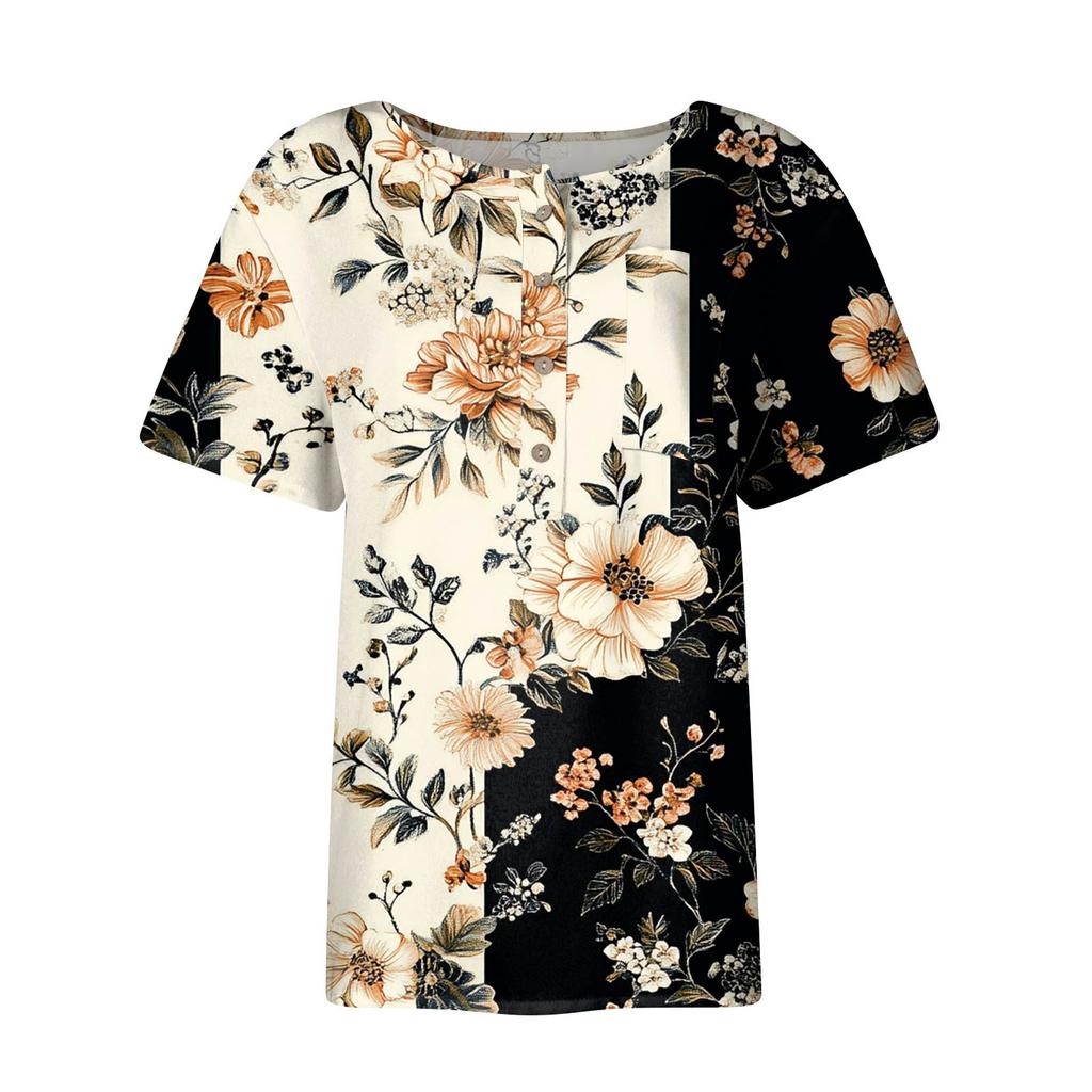 Women's Fashion Casual Short Sleeve Print Round Neck Pullover Top Blouse