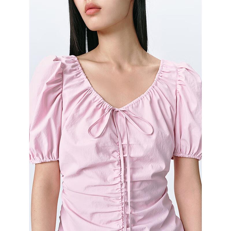 PEACEBIRD Women's French Style Pleated Puff Sleeve A-Line Dress