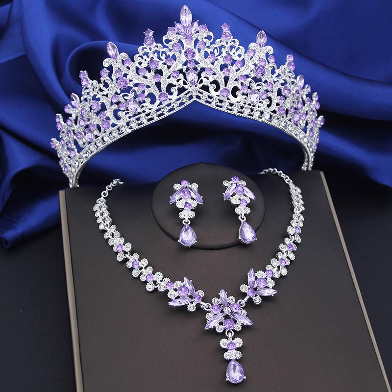 Purple Crystal Bridal Jewelry Sets Women Tiaras Bride Necklace Earrings for Wedding Crown Jewelry Set Prom